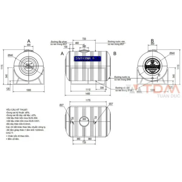 Bồn Nước Đại Thành Inox 1000L Ngang - Ảnh 2