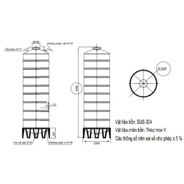 Bồn Nước Đại Thành Inox 20000L Đứng SUS 304 Ø2,2m - Ảnh 2