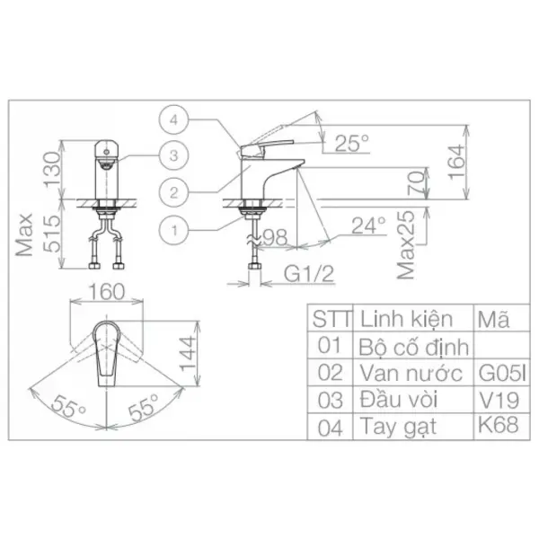 Vòi Chậu Rửa Mặt Lavabo Viglacera VG168 Nóng Lạnh - Ảnh 2